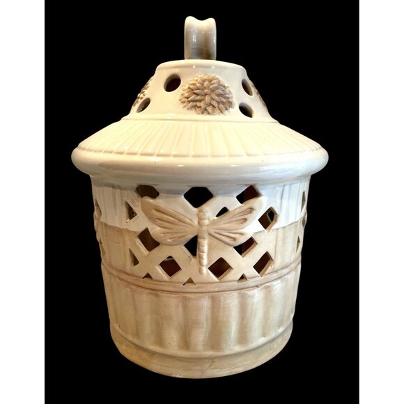Vintage Yankee Candle Stoneware Lantern with Dragonfly & Floral Design Beige - Picture 1 of 8